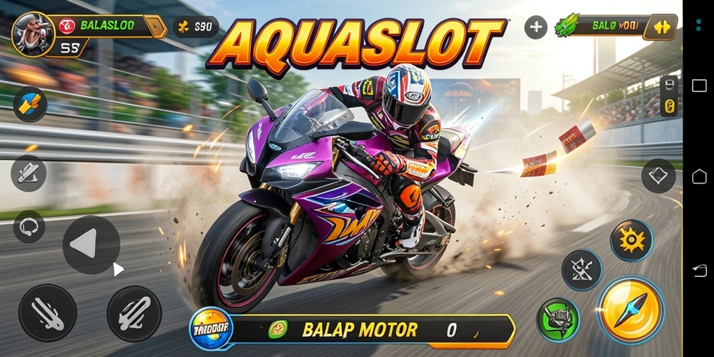 Screenshot antarmuka AQUASLOT menampilkan balapan motor yang seru dan dinamis.
