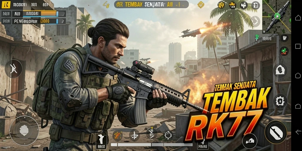 Tampilan antarmuka game Tembak Senjata RK77 yang menarik dan dinamis.