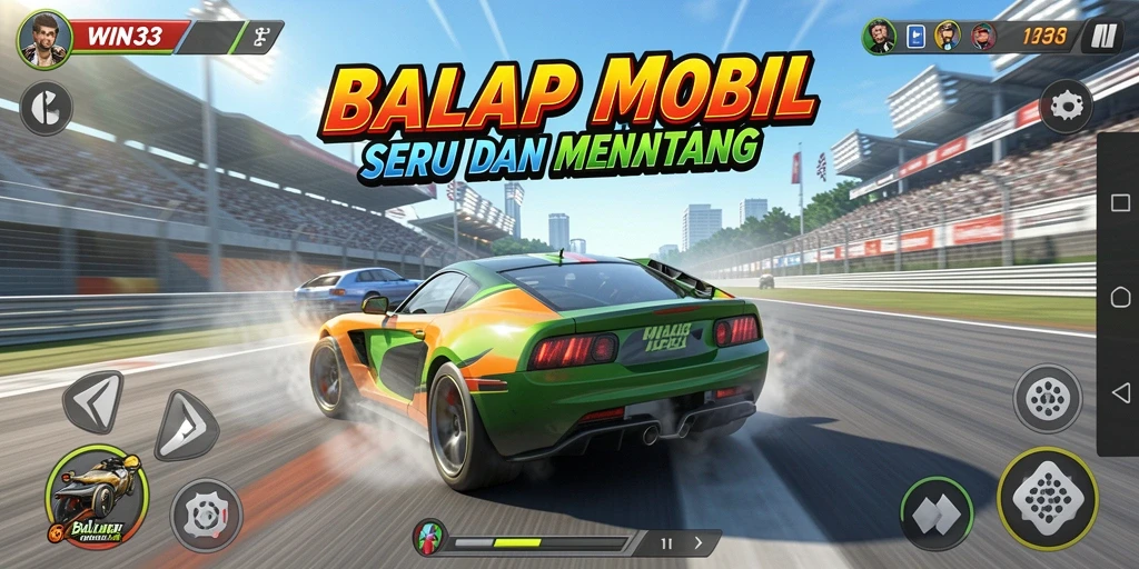 Screenshot antarmuka WIN33 menampilkan balapan mobil yang seru.